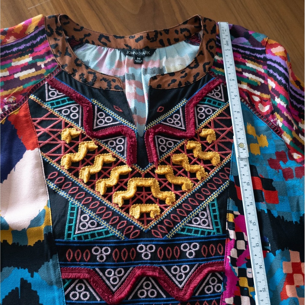 JOHN MARK Multicolor Geometric Floral Embroidered 3/4 Length Sleeve Top SIZE M - Picture 9 of 11